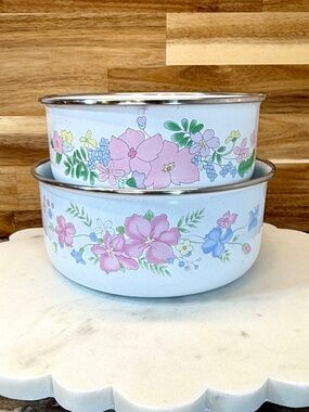 Vintage Kobe Enamel Bowls — Pink & Blue Floral 🌸 Large + Medium | Set of 2